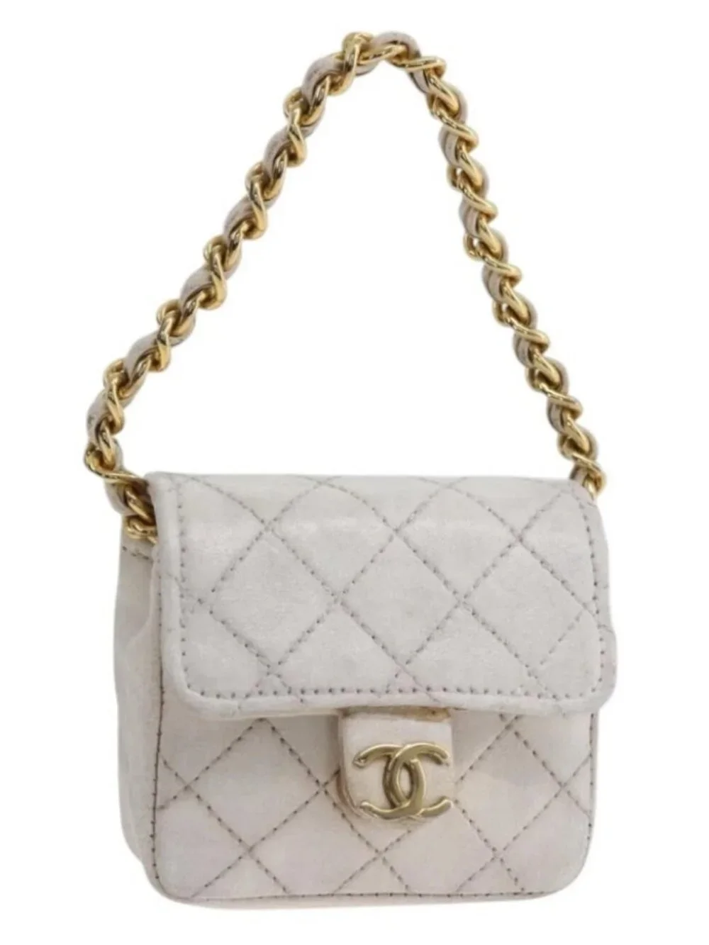 CHANEL Minimini Matelasse 7 Pouch Leather White Gold CC Auth LNZ849